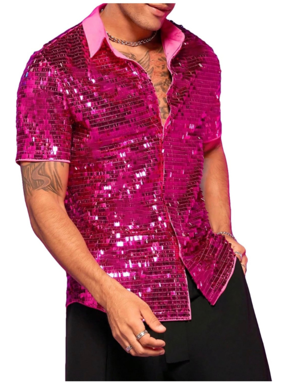 NEW WDIRARA Contrast Sequin Button Down Short Sleeve Collared Shirt XS